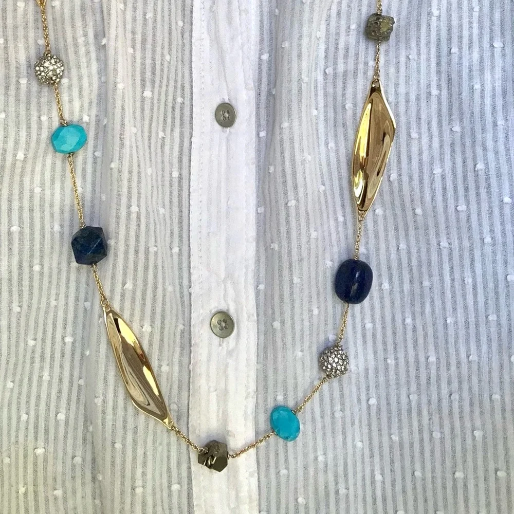 ALEXIS BITTAR NEW Gold Long Lapis Turquoise Pyrite Bead Chain  Gemstone Necklace